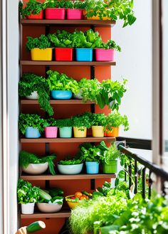 a vertical herb garden on a balcony with potted plants