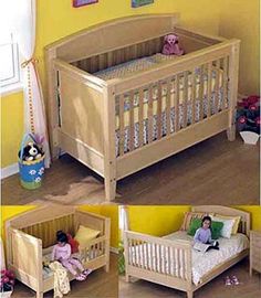 there is a baby crib in the room with yellow walls and pictures on the wall