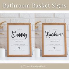 two wooden frames with the words bathroom basket signs in black and white, on top of a