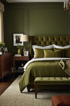 a bedroom with green walls and a bed in the middle, along with a bench