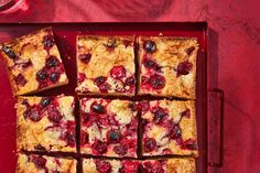 the dessert is cut into squares and ready to be served on the table for consumption