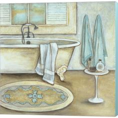 a painting of a bathtub with towels hanging on the wall next to it and a sink