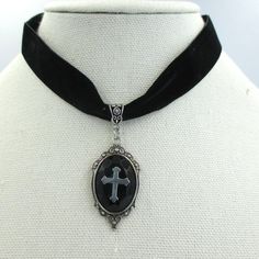 Noir Regal Black Velvet Choker, With Ornate Slider Bail With Hanging Black And Silvertone Cabochon/Cameo Of A Little Cross. New With Tags Length From End To End 13" With 2.5" Extender, Band Is 3/4" Wide. Pendant Total Drop Is About 2" Long Including Bail. Pet Free, Smoke Free Environment Carefully Packed, Fragile Stickers On Package Please Ask Questions Before Purchase Layered Cross Necklace, Interlocking Circle Necklace, Choker Black, Tiered Necklace, Black Velvet Choker, Gothic Vampire, Rhinestone Statement Necklace, Jewelry Lockets, Statement Choker