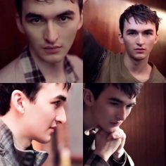 four different shots of a young man with short hair and wearing a checkered shirt