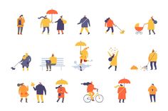 people with umbrellas and walking in the rain, set of flat design illustrations on white background