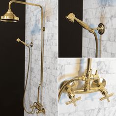 the shower head and handset are shown in three different angles, with gold faucets