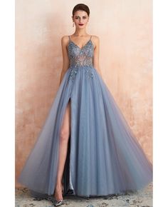 Buy Sexy Pink Beaded Long Tulle Prom Dress With Slit Front at wholesale price online. High quality custom-made service pro since 2009. Cheap Evening Gowns, Evening Gowns Online, Crystal Prom Dress, Sweep Train Prom Dress, Spaghetti Strap Prom Dress, V Neck Prom Dresses, Maxi Dress Prom, فستان سهرة, Dresses 2020