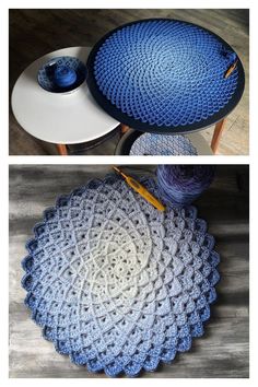 crocheted doily and table with yarn on it