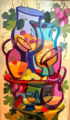 a painting of vases and fruit on a table