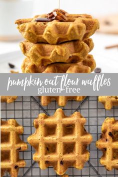 pumpkin oat flour waffles are stacked on top of each other