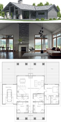 the floor plan for a modern house with two floors and an open living room area