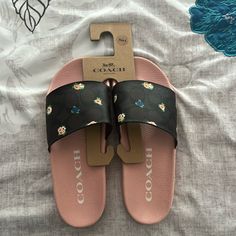 Women’s Coach Slides Size 8 Never Worn Nwt Purchased At Coach Coach Pink Sandals For Beach, Coach Pink Slip-on Sandals, Coach Pink Open Toe Sandals, Pink Open Toe Coach Sandals, Coach Pink Flat Sandals, Coach Slides, Night Stands, Bedroom Night Stands, Coach Shoes