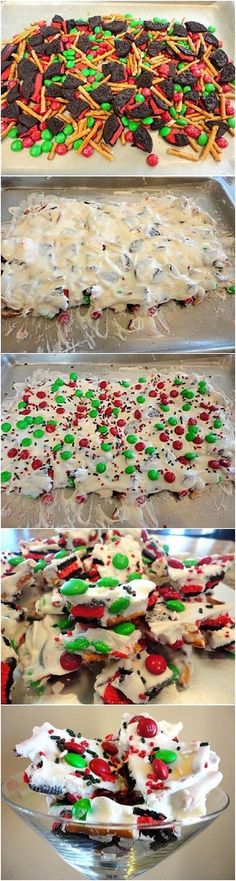 several different types of decorated cookies and pastries on trays with white frosting