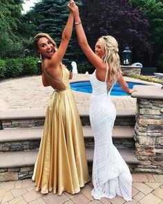 SP1978,Gold Prom Dress Satin Cross Back Evening Dresses Long Prom Dresses on Storenvy Prom Picture Poses, Hoco Dresses Short Tight, Prom Photoshoot, Hoco Dresses Long Sleeve, Bloc Party, Hoco Dresses Tight, Dresses Flowy, Prom Poses, Hoco Dresses Short