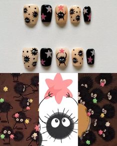 Are you a Spirited Away lover? Enjoy these soot sprite inspired press-on nails. :) <3 Receive 10 hand-crafted nails, sized according to your nail measurements!   SHAPE DISCLAIMER: Only offering SHORT ALMOND shape at this time. Please stay tuned for other shape/length options! DETAILS: - Product is made-to-order  - Product *cannot* be made until customer provides nail sizing information  - Nails will be shipped within 7 days of nail sizing receipt  - I can customize the color of the stars if you'd like to add any green or other colors! Please don't hesitate to reach out to me with any questions along the way! Soot Sprites Nails, Ponyo Inspired Nails, Ghibli Inspired Nails, Studio Ghibli Inspired Nails, My Neighbor Totoro Nails, Sprite Nails, Soot Sprite Nails, Character Nail Designs, Totoro Nail Art