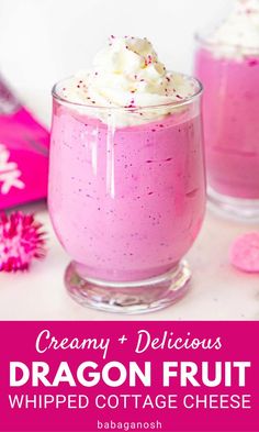 two glasses filled with dragon fruit whipped cottage cheese