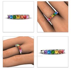 Show your pride with a rainbow of natural multicolored Sapphires set in your choice of 14K White, Yellow or Rose Gold. This band is 3mm wide and has seven princess cut square fancy Sapphires, 1.5cts total weight. There is some slight color variation in natural gemstones, so each rainbow will be uniquely gorgeous. Made to order. Please allow three to four weeks for delivery. CUSTOM OPTIONS I can also make a channel set band or eternity ring with these stones. I also offer round cut and emerald cu Rainbow Multi-stone Wedding Jewelry, Rainbow Multi-stone Jewelry For Wedding, Wedding Rainbow Multi-stone Rings, Rainbow Accent Stones Jewelry For Wedding, Gay Rings, Pride Lesbian, Lemon Quartz Ring, Fancy Sapphire, Rainbow Ring