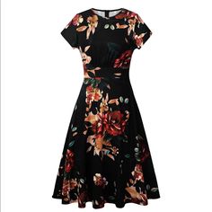 Never Worn Floral And Black Midi Dress. Beautiful Floral Pattern. Back Zip, Polyester & Spandex Blend. Size Large. Black Stretch Midi Dress With Floral Print, Stretch Black Midi Dress With Floral Print, Fitted Black Midi Dress With Floral Print, Black Midi, Black Midi Dress, Dress Beautiful, Black Floral, Polyester Spandex, Black Red