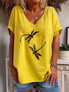 BestDealFriday Short Sleeve 1 Yellow Women Tops Cotton Casual V Neck Casual Printed Tops T-shirt Print Design, Comfortable Clothes, Shirt Print Design, Painted Clothes, Classy Casual Outfits, Yellow Print, Short Sleeve Shirts, Casual Tops For Women, Online Tops