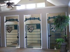 three doors are open in the middle of a room with plants and potted plants