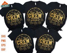 four t - shirts with the words crew in gold foil on black and white background