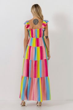 What's not to love about a summer dress that's both stylish and comfortable? This ombre stripe maxi dress is perfect for hot days, with a lightweight fabric and airy silhouette. The colorful print is sure to add a pop of personality to any outfit, while the maxi length provides plenty of coverage. Whether you're headed to the beach or out for dinner, this dress is sure to make a statement. Ombre stripe print Maxi length Ruffle detail at sleeves Invisible zipper at side Fully lined Shell: 100% Po Spring Ombre Midi Dress, Gradient Color Summer Midi Dress, Ombre Midi-length Summer Dress, Casual Ombre Dress For Spring, Colorful Summer Sundress Maxi Dress, Spring Gradient Maxi Dress, Colorful Sundress Style Maxi Dress For Summer, Colorful Maxi Summer Dress, Colorful Maxi Length Dresses For Beach Season