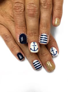 Navy Anchor Nails, Disney Cruise Line Nails, White And Navy Nails, Blue Anchor Nails, Navy And White Nails