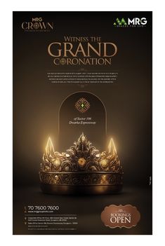 an advertisement for the grand coronation, with candles lit up in front of it on a black background