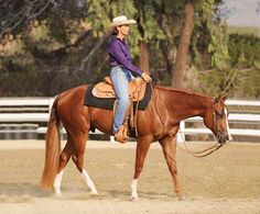 a woman in purple shirt riding on the back of a brown horse with white legs