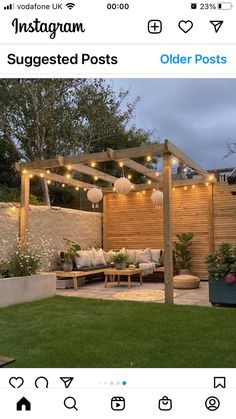 the instagram page on instagram shows an image of a backyard with lights strung over it