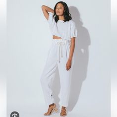 New With Tags Cleobella Kali Pants White Straight Pants For Daywear, White Relaxed Fit Pants For Loungewear, White Pants With Elastic Waistband For Daywear, White Bottoms With Elastic Waistband For Day Out, White Linen Bottoms For Daywear, White Summer Loungewear Pants, White Linen Pants For Daywear, White Pants For Summer Loungewear, Chic White Relaxed Fit Pants