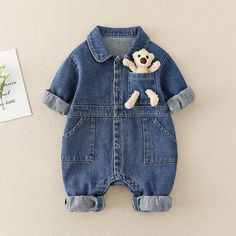 Baby Lovely Bear Polo Collar Romper Spencer James, Jumpsuit Spring, Toddler Jumpsuit, Baby Mode, Denim Baby, Jeans Overall, Bear Decor, Baby Jumpsuit, Autumn Clothes