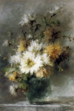 a painting of white and yellow flowers in a vase