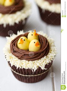 two cupcakes decorated with chocolate icing and rubber ducks in a nest on top of each other