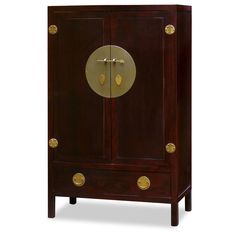 Designed in the Ming Dynasty (1368-1644) furniture style, the inside of this cabinet is altered specifically for the storage of contemporary mixed media. The polished cast-brass pull and decorative hinges are symmetrically arranged to reflect the Chinese ideal of unity. Large enough to contain most family-sized televisions with dimensions of 37.5in Wx18.5in Dx36in H and outlet in the back for wires to go through. Two removable shelves (11.5in H each) and a stand (6in H) inside for your storage c French Country Dining Room Decor, Cabinetry Ideas, Modern Armoire, Handcrafted Bed, Boho Eclectic Decor, Indochine Style, Decorative Hinges, Tv Armoire, Asian Furniture