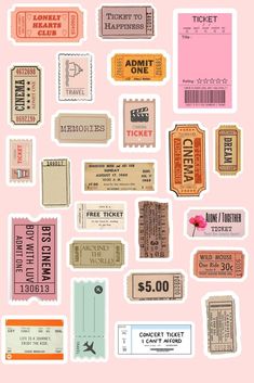 several different types of tickets on a pink background