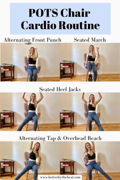 a woman sitting on top of a wooden chair in front of a wall with text reading pot's chair cardio routine