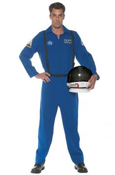 a man in blue jumpsuit holding a helmet