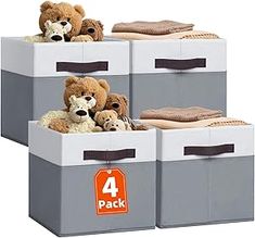 three storage bins with stuffed animals in them and the number 4 pack on top