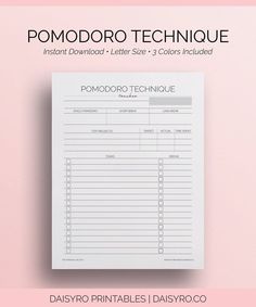 the printable pomodoro technique is displayed in front of a pink background