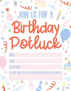 a birthday postcard with confetti, balloons and stars in the background that says join us for a birthday potluck