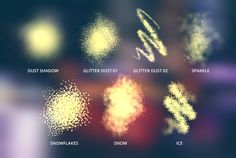 a bunch of different types of fireworks on a blurry background with the words dust shadow, glitter dust, glitter dust, sparkle, and snowflake