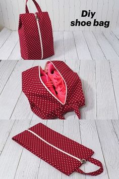 two pieces of red and white polka dot fabric with zippered bags on the floor