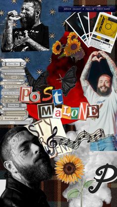 the collage is made up of many different images and words, including one with a man's face