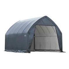 an inflatable garage with the door open and side walls closed to show it's inside