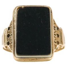 10 Karat Art Deco Sardonyx Ring, Circa 1940s. The rectangular stone measures 15mm x 10mm. The band has an Art Deco motif with milgrain detail. The top of the stone shows wear and scratches. The ring size is 9 1/4. The total gold weight of the ring is 4.7 grams. Classic Engraved Cabochon Ring, Classic Onyx Rectangular Signet Ring, Formal Vintage Engraved Ring With Cabochon, Classic Rectangular Signet Ring Collectible, Vintage Engraved Cabochon Ring For Formal Occasions, Vintage Rectangular Jewelry With Polished Finish, Classic Rectangular Collectible Signet Ring, Rectangular Onyx Ring For Formal Occasions, Formal Rectangular Cabochon Ring