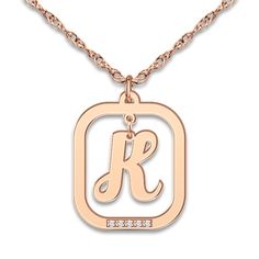 Sparkling round diamond accents embellish a cursive letter dangle of your choice in this chic openwork women's initial necklace. Fashioned in 14K rose gold, the pendant suspends from an 18-inch rope chain that secures with a spring ring clasp. Personalize with one uppercase initial. Pendant Necklace Diamond, A Cursive, Jared The Galleria Of Jewelry, Cursive Letters, Initial Pendant Necklace, Necklace Diamond, Initial Pendant, Diamond Pendant Necklace, Rope Chain