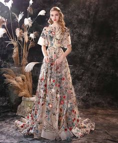 Vintage Botanical Lace Formal Prom Evening Dress EN3902 Court Train Prom Dress, Train Prom Dresses, Boho Prom, Embroidery Tulle, Girls Dps, Prom Dresses With Pockets, Tulle Evening Dress, Wedding Dresses Satin, فستان سهرة