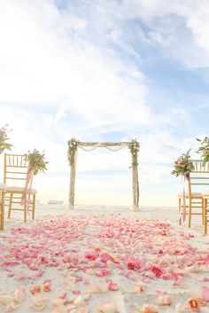 an outdoor ceremony setup with rose petals on the ground and chairs set up for it