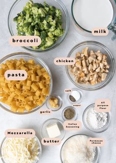 the ingredients to make broccoli alfredo are shown in bowls